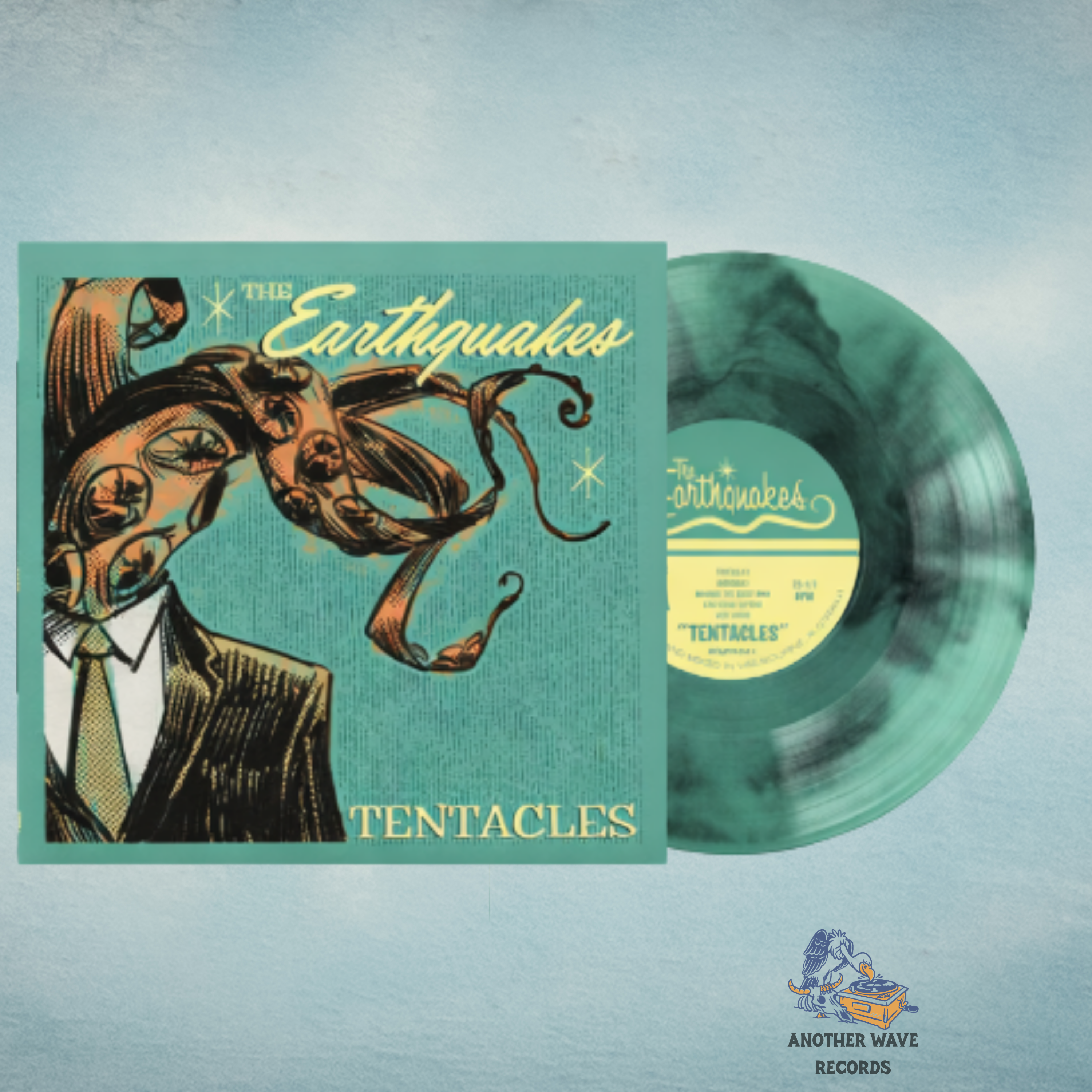 Vinyl record and cover with 'The Earthquakes' and 'Tentacles' on a light blue background.